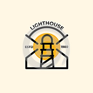 Line art light house logo design with circle ray