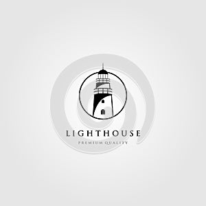 Line art lighthouse logo tower in circle frame vector illustration design