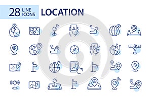 28 line art location icons. Map pointers, navigation and sharing position. Pixel perfect, editable stroke