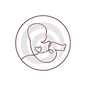 Line art logotype. Baby in the womb with umbilical cord and heart. Stylish logo for a prenatal or reproductive clinic