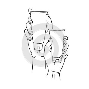 Line art of male and female hands holding hand creams. Doodle illustration isolated on white background.