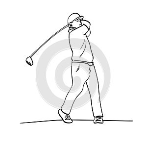 Line art male golfer hit a golf ball illustration vector hand drawn isolated on white background