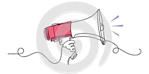 Line art megaphone announcement, one continuous single line drawing of hand hold a speaker megaphone isolated