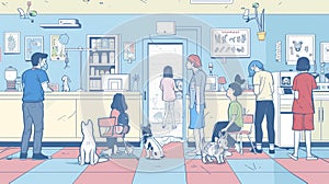 Line art modern illustration of a veterinarian clinic with people, animals and diseased dogs, cats and rabbits near the