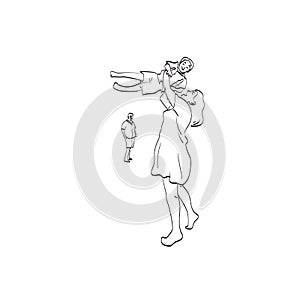 Line art mom picks up daughter on arms laughing up illustration vector isolated on white background