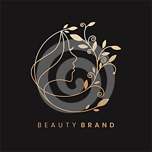 Line Art Natural Leaf Beauty woman face logo design