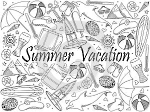 Line art objects on a white background. Theme of travel, summer vacation. Vector over white background