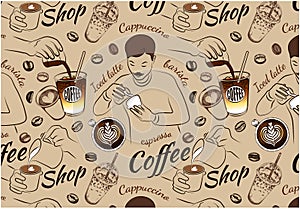 Line art pattern coffee shop, Sketch drawing drinks, cup of cappuccino, outline mug, latte art, engraving espresso