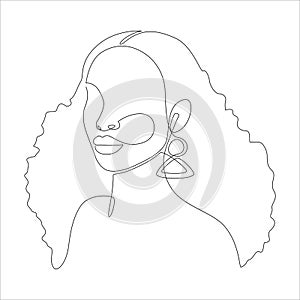 Line art portrait of African American woman with frizzy afro hairstyle. Continuous one line drawing woman face for logo, banner,