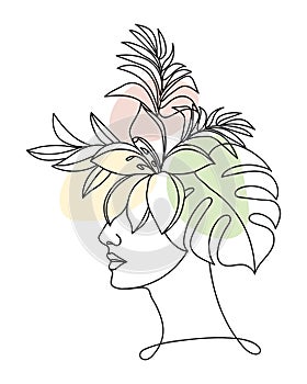 Line art, portrait of a girl with flowers and tropical leaves. Black line and pastel abstract spots. Illustration, vector