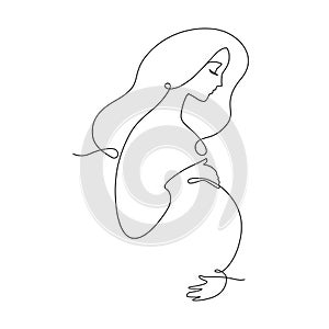 Line art pregnant woman, profile portrait with hands on belly. Elegant logo