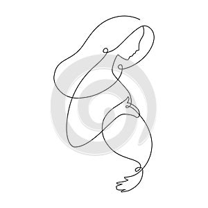 Line art pregnant woman, profile portrait with hands on belly. Prenatal clinic logo.