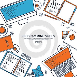 Line art.Programming,coding. Flat computing background. Code, hardware,software. Web development. Search engine