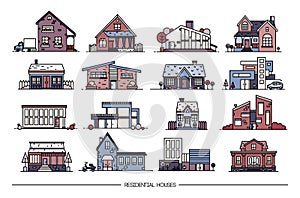 Line art residential house collection. Set of flat style. Colorful vector illustration.