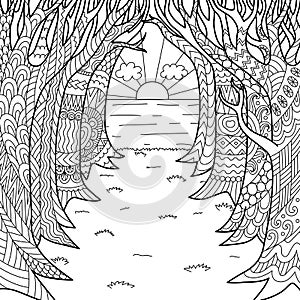 Line art the road under the trees leads to the sea and sunset, for adult coloring page and print on product.  Vector illustration