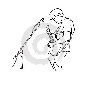 Line art rock star with electric guitar and microphone illustration vector hand drawn isolated on white background