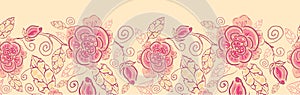 Line art roses horizontal seamless pattern