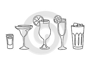 Line art set of alcohol drinks. Cocktail with a piece of fruit