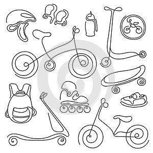 Line art set. Doodle sketch of sporting goods for kids. Vector