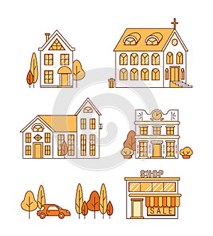 Line art, set of houses, church and shop, cityscape concept, vector