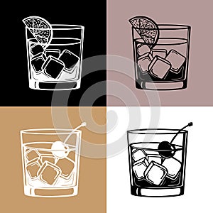 Line art set, whiskey glasses with lemon and cherry. Drinks illustration vector