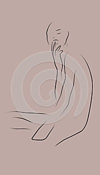 Line art shillouette of elegant woman sitting in closed pose leaning on knee and touching her mouth.