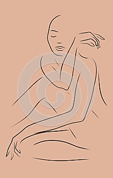 Line art shillouette of elegant woman sitting in closed pose leaning on knee and touchingher cheek.