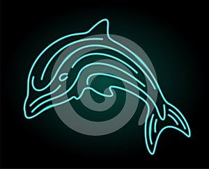 Line art with shiny neon dolphin silhouettte