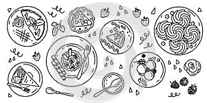 Line art sliced cake and cupcakes hand drawn outline illustration collection set. Ink flat, design doodle sketches