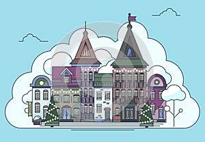 Line art small Christmas town .