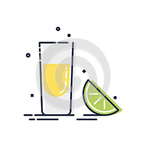 Line art snack tequila lime. Mexican beverage. White background. Tasty snack. Closeup shot. Trendy fruit food design. Color