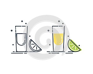 Line art snack tequila lime. Mexican beverage. White background. Tasty snack. Closeup shot. Trendy fruit food design. Color