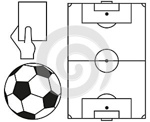 Line art soccer ball, field, referee card icon set.