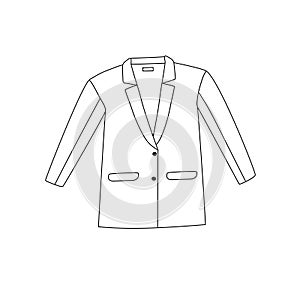 Line art straight shape longline blazer with pockets, collar and two buttons. Doodle style. Casual clothes.