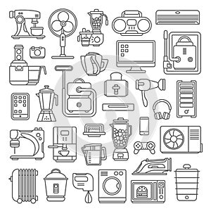 Line art style flat graphical set of home kitchen electronic device web site mobile app icons. Climate computer sewing washing