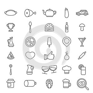 Line art style flat graphical set of web site mobile interface cafe restaurant fastfood pizzeria locator booking rating app icons