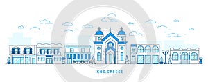 Line art style Kos Greece island, Kefalos cityscape, town street with houses and church, shops and cafe, trees and