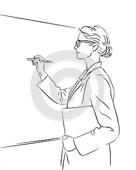 Line art of teacher writing on board in education setting