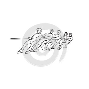 Line art team competing in tug of war illustration vector isolated on white background