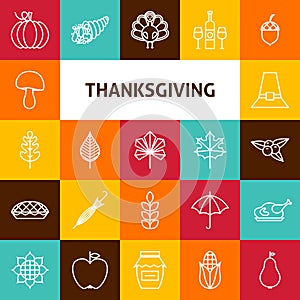 Line Art Thanksgiving Day Holiday Icons Set