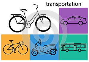 Line art transportation icons set,bicycle,car,motorcycle,bus, vector illustration