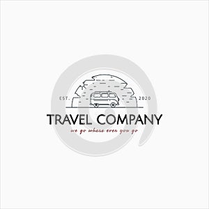 Line art travel van vintage logo with sun and clouds behind vector illustration design