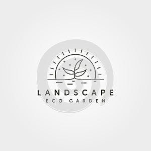 Line art tree landscape logo vector with sunset creative illustration design, line art style