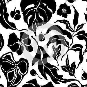 Line art tropical abstract seamless pattern of black flowers and leaves. Hand painted floral ornament isolated on white