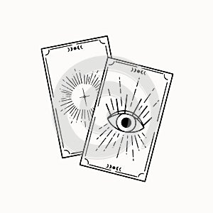 Line art of two mystical esoteric taro cards