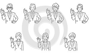 Line art of the upper body of a businessman and a business woman who give an OK sign by hand