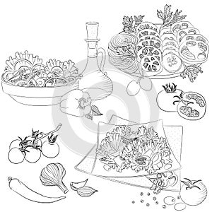 Line art various salads