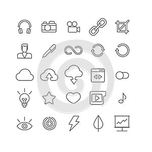 Line art vector flat graphical set of mobile interface app icons