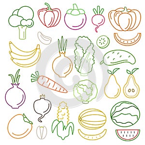 Line art vector graphical fancy food set of fruit and vegetable