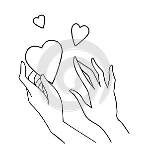Line art vector illustration of love and compassion. Hands holding a heart black and white isolated on white background